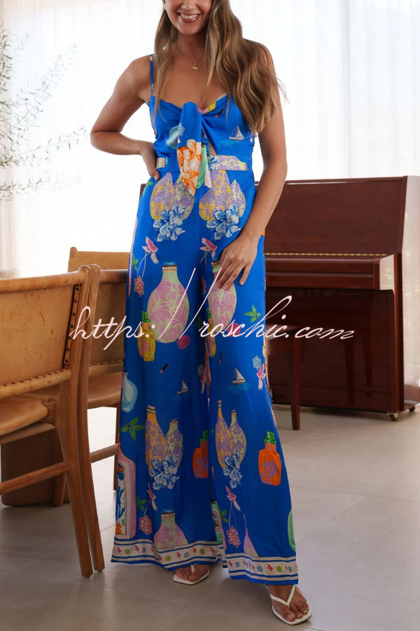 Unique Printed Sleeveless Spaghetti Strap Casual Vacation Loose Wide-Leg Jumpsuit