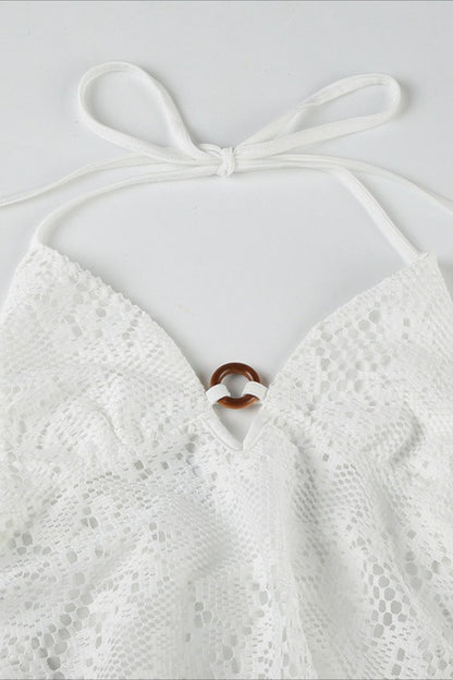 Top halter de encaje con cuello de pico sexy estilo bohemio con aberturas