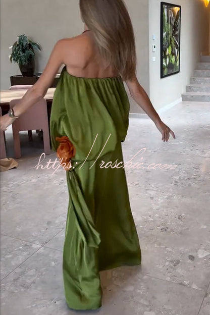 Simple Elegant Satin Voluminous Floral Detail Strapless Top and Elastic Waist Drape Maxi Skirt Set