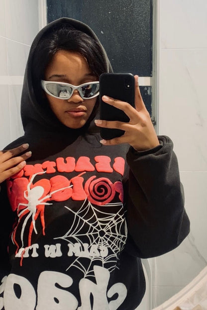 Spider Web Letter Print Hoodie