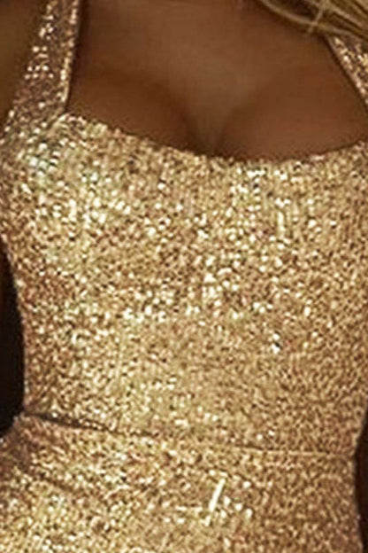 Halter High Slit Sequin  Evening Sequin Dress
