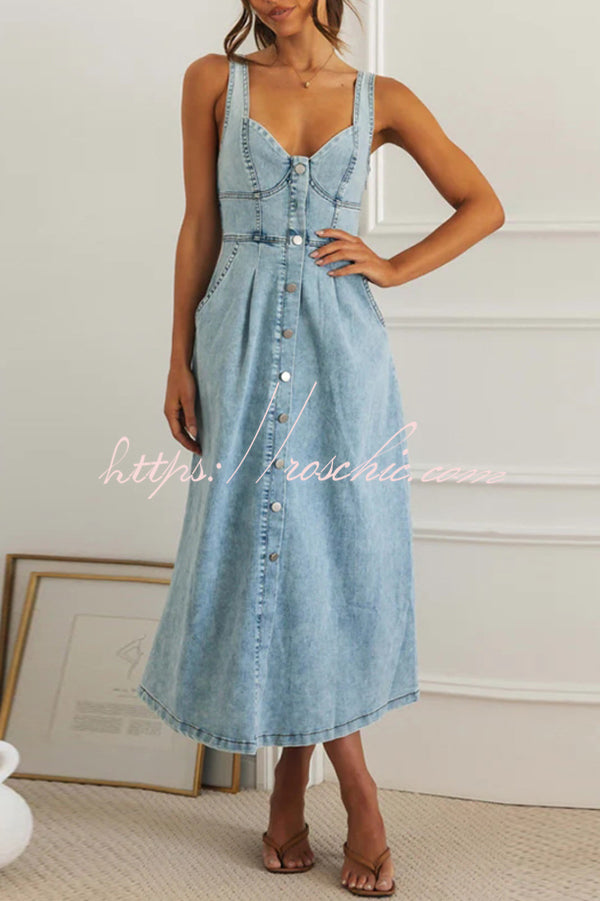 Stylish Single-breasted Fitted Waist Gathered Back Denim Maxi Dress