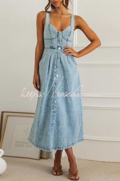 Stylish Single-breasted Fitted Waist Gathered Back Denim Maxi Dress