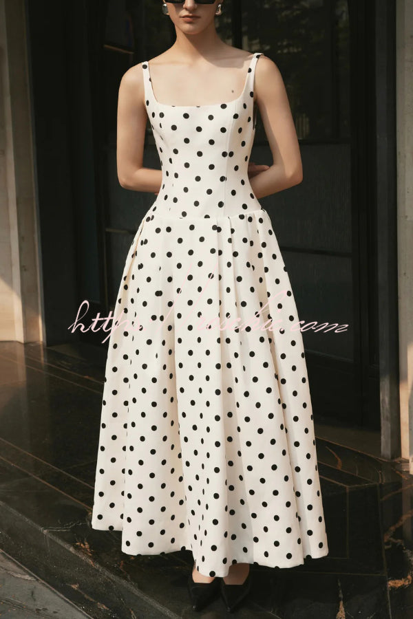 Polka Dot Print Square Neck Sleeveless Holiday Maxi Dress
