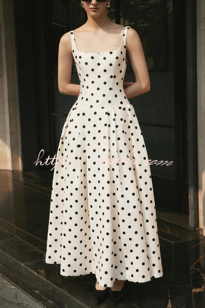 Polka Dot Print Square Neck Sleeveless Holiday Maxi Dress