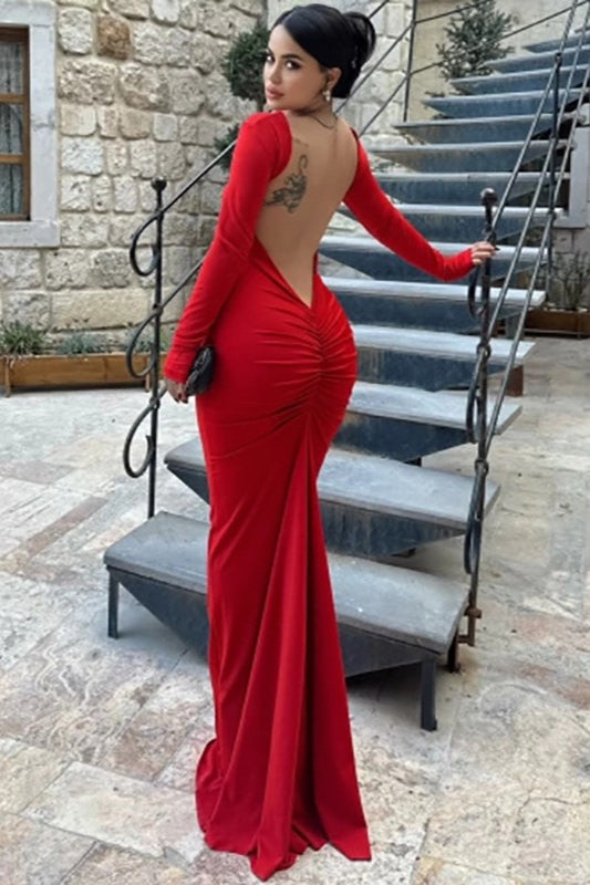 Vestido Formal Ajustado sin Espalda de Manga Larga