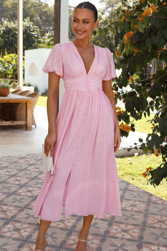 Solid V Neck Puff Sleeve Flared Midi Dress