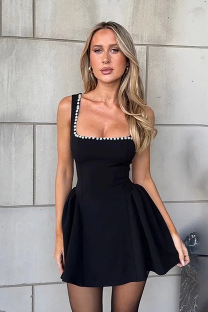 Pearl Trim Square Neck Party Dress