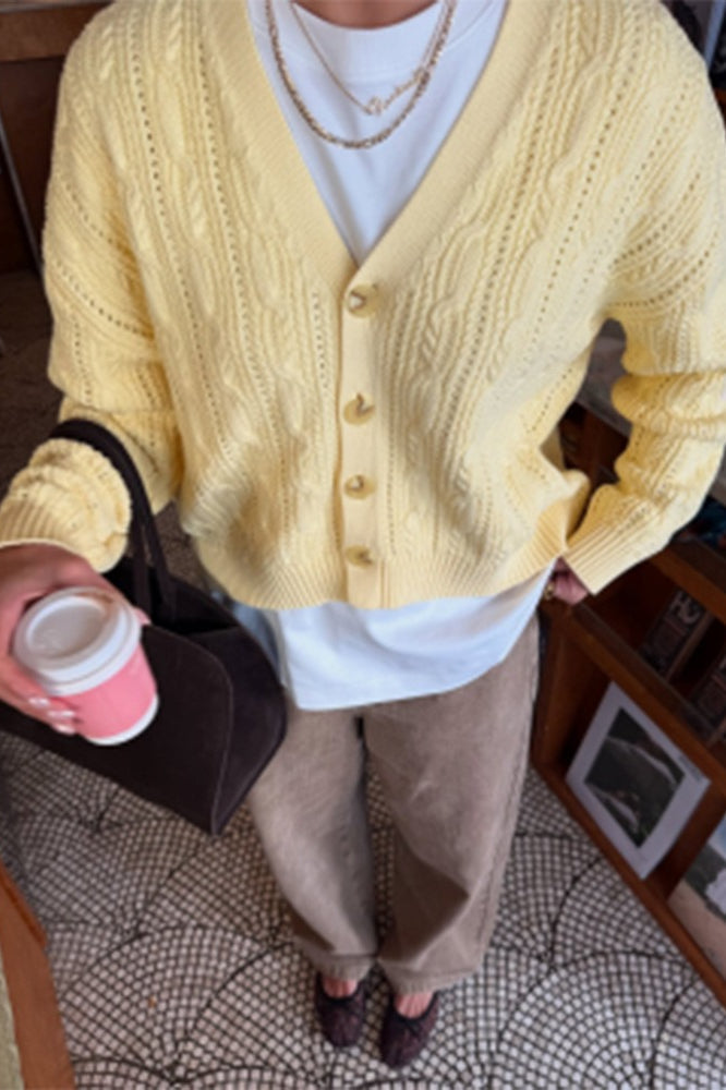 V-Neck Solid Color Single-Row Button Long-Sleeve Knit Cardigan