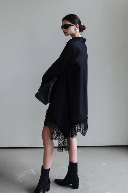 Soft Ruffled Lace Asymmetric Shirtdress Long Sleeve Mini Dress