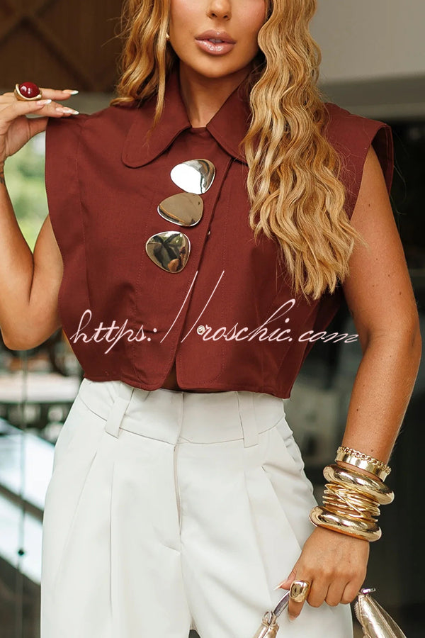 Creative Style Metal Buckle Design Lapel Crop Tank Top