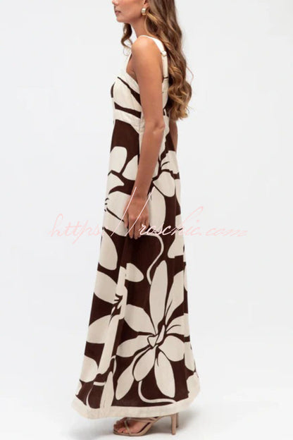 Color-blocked Floral Print Square Neck Sleeveless Casual Maxi Dress