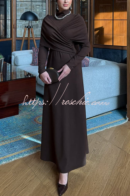 Solid Color High-neck Long-sleeved Crossover Waist Slim-fit Maxi Dress