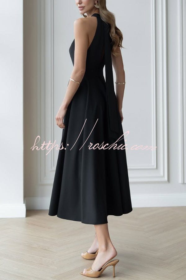 Solid Color Halter Neck Bow Tie Elegant Waist-cinching Midi Dress