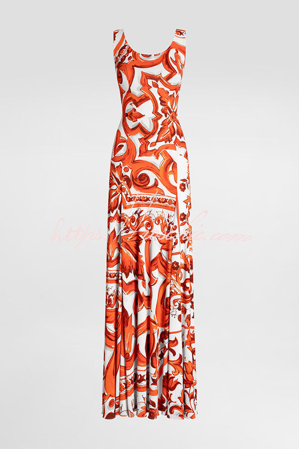 Arnell Contrast Color Artistic Floral Print Square Neck Pleated Hem Maxi Dress