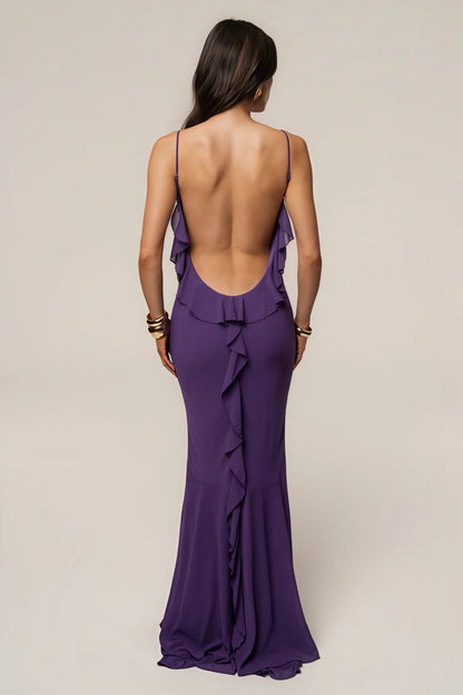 Elegante Vestido Largo con Volantes y Espalda Abierta