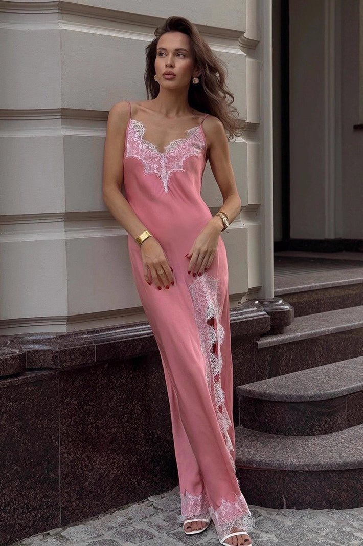 Lace Trim  Silk Dress