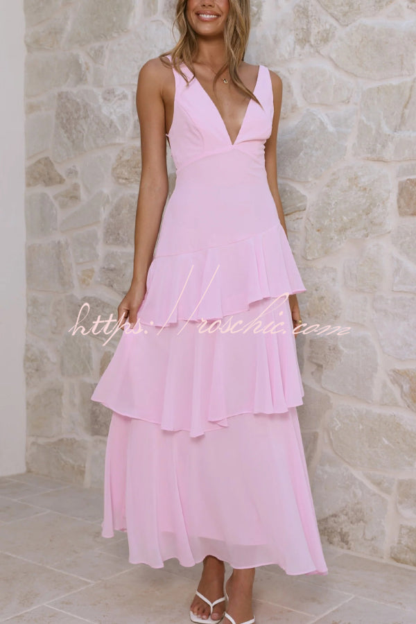 Solid Color V-neck Sleeveless Elegant Layered Maxi Dress