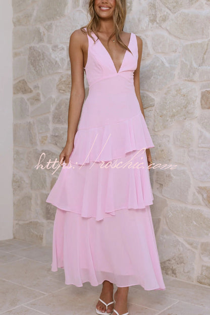 Solid Color V-neck Sleeveless Elegant Layered Maxi Dress