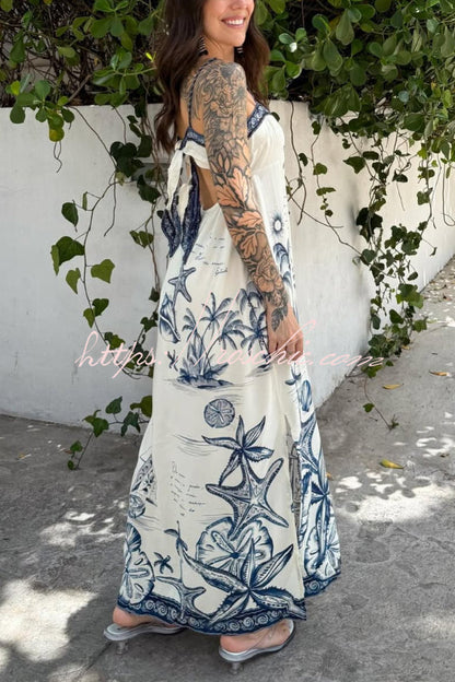 Starfish Print Sleeveless Square Neckline Back Tie-up Vacation Maxi Dress