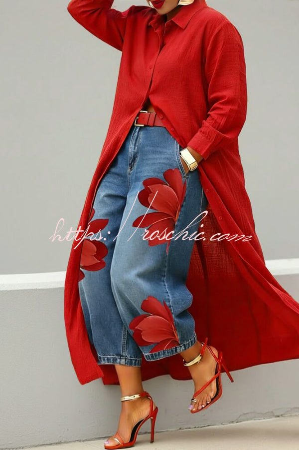 Fashionable Floral Print Loose-fitting Casual Pockets Wide-leg Jeans