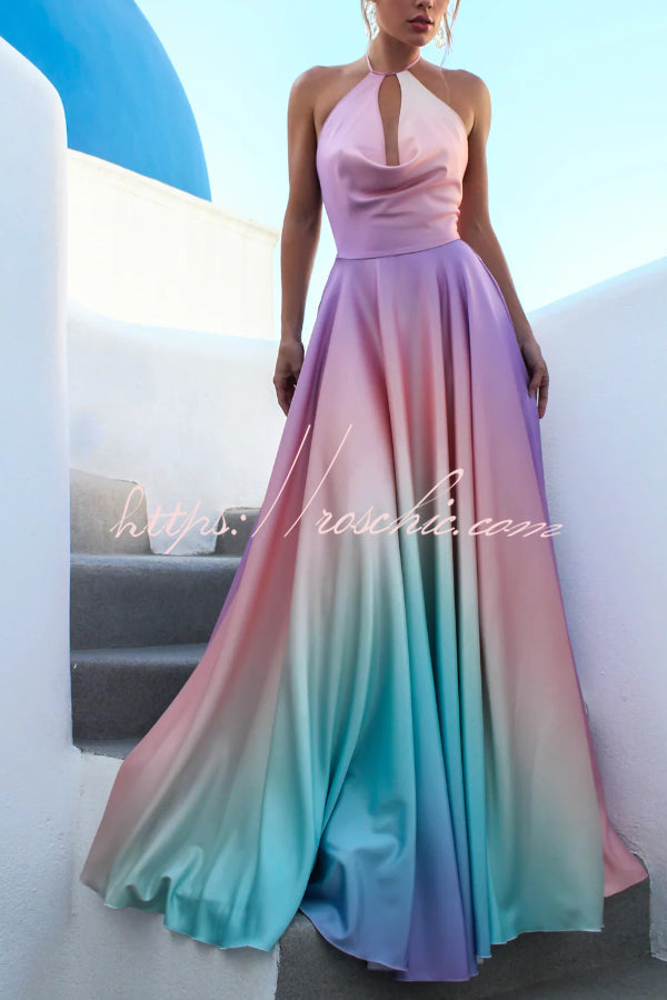 Fashionable Gradient Halter Neck Backless Tie-up Elegant Full Hem Maxi Dress