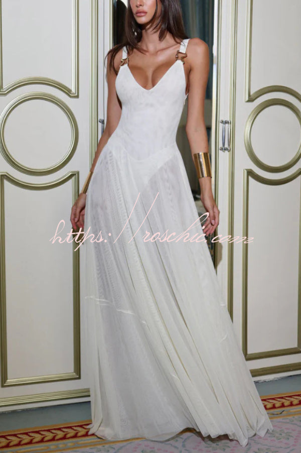 Solid Color V-neck Sleeveless Slim-fit Elegant Mesh Maxi Dress