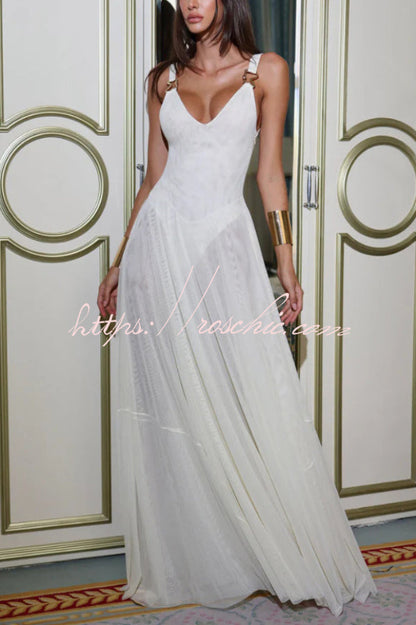 Solid Color V-neck Sleeveless Slim-fit Elegant Mesh Maxi Dress