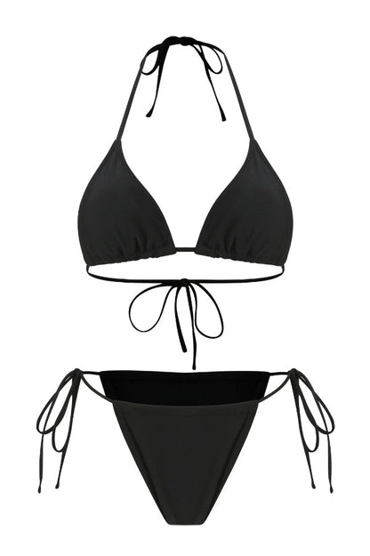 Solid Color Stretch Two-piece Bikini Swimsuit and Hollowed-out Long-sleeved Slim-fit Cover-up Maxi Dress Set