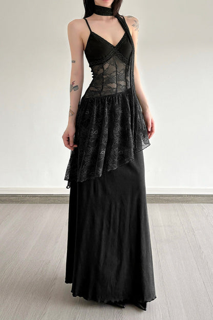 Lace Trim Sheer Waist Tie Cami Maxi Lace Dress