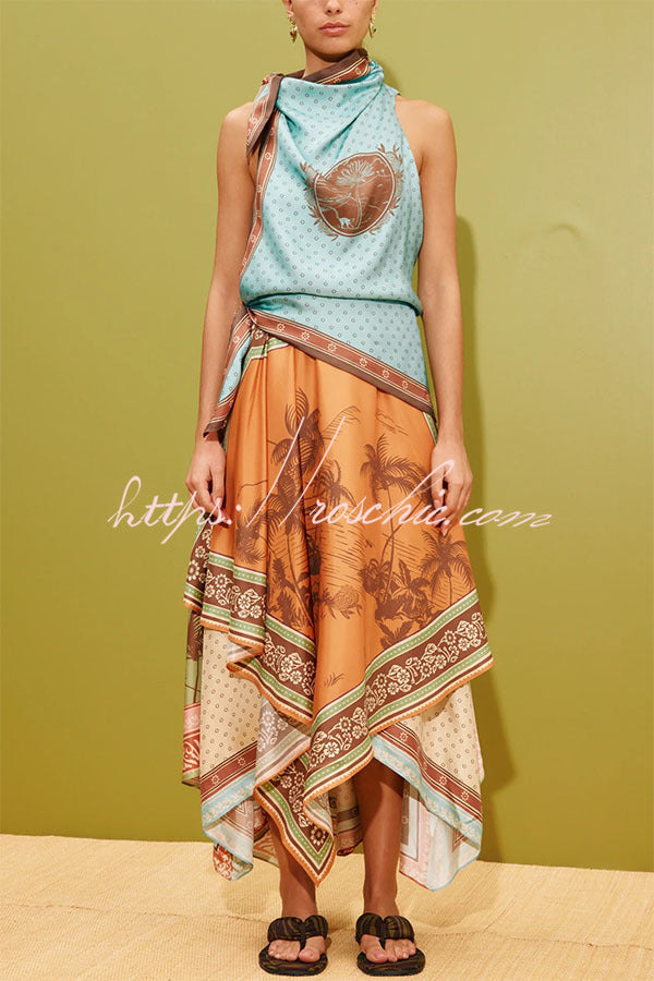Alberta Satin Unique Color-blocked Print Tie Detail Layered Scarf Midi Dress