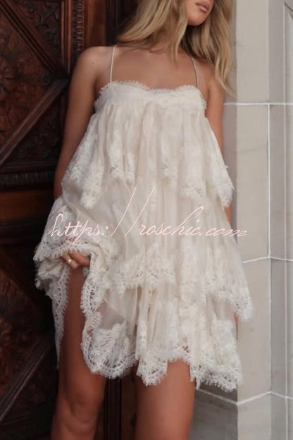 Ophelia Layered Lace Trim Tiers Adjustable Straps Backless A-line Mini Dress