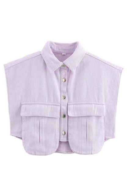 Stylish Weekend Denim Button Up Cape Sleeve Pocket Crop Top