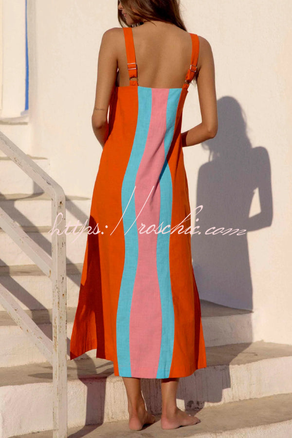 Fashionable Color-blocked Printed Square Neck Sleeveless Vacation-style Maxi Dress