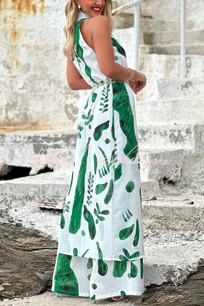 Sarasota Doodle Print Center Front Split Midi Top and Elastic Waist Pants Set