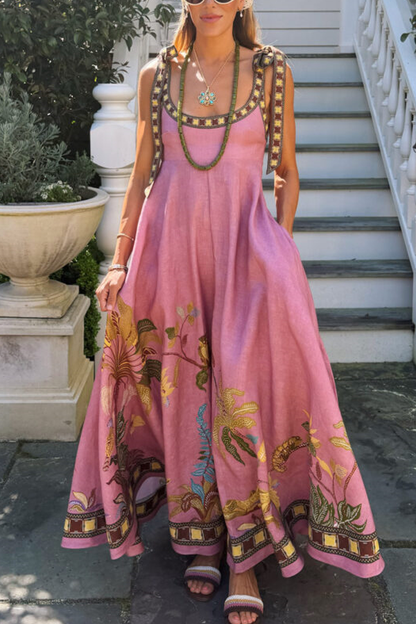 Linen Blend Unique Printed Tie-up Suspenders Pocket Elegant Vacation Maxi Dress