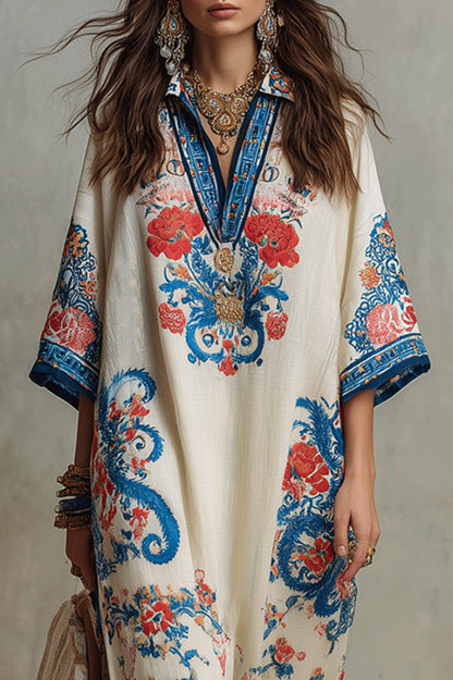 Unique Print Loose V-Neck Casual Slit Maxi Dress