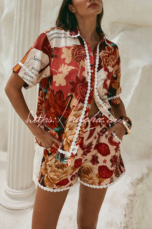 Unique Printed Collared Short-sleeved Loose-fitting Shirt and Casual Floral Trim Shorts Set