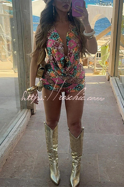 Stylish Sequined Shell-embellished Top and Casual Slim-fit Shorts Set