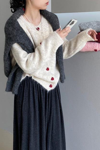 Oversized Heart Button Round Neck Cardigan