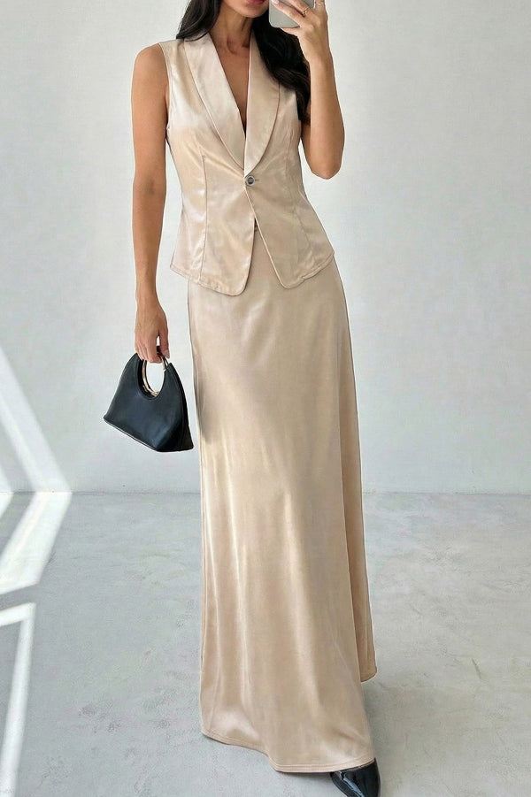Satin Solid Color Sleeveless Button-down Vest and Elegant Draped Maxi Skirt Set