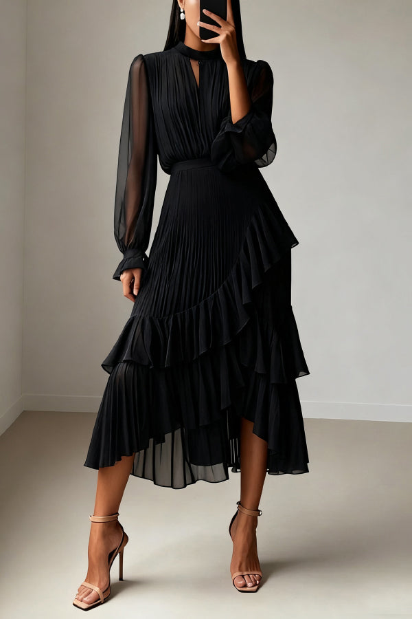 Solid Color Round Neck Long Sleeve Fitted Waist Pleated Ruffle Midi Dress