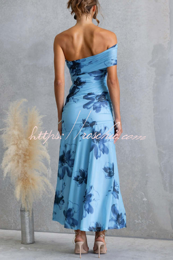 Floral Print Elegant Mesh Off-shoulder Fitted Maxi Dress