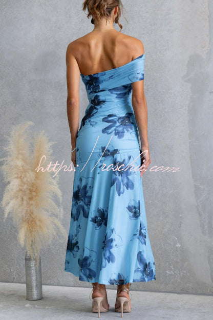Floral Print Elegant Mesh Off-shoulder Fitted Maxi Dress