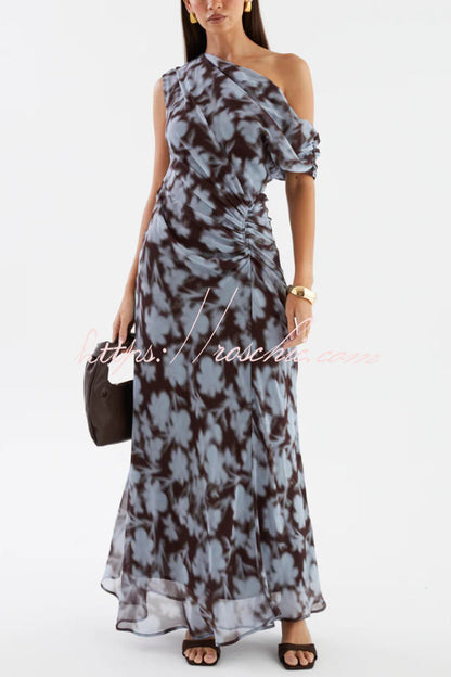 Unique Print Asymmetrical Off-Shoulder Pleated Waist Casual Maxi Dress