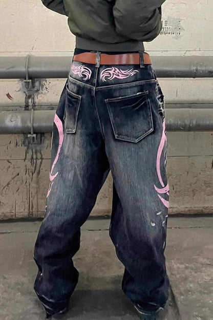 Vintage Printed Washed Distressed Wide Leg Denim Jeans
