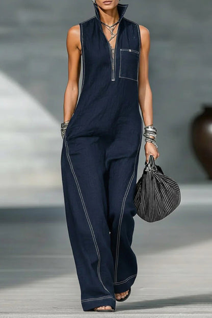 Solid Color Sleeveless Stand Collar Casual Pocket Loose Wide-leg Jumpsuit