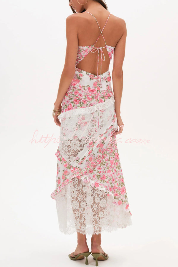 Fashionable Floral Print Lace Patchwork Hollow-out Slim Fit Vacation Ruffle Maxi Dress