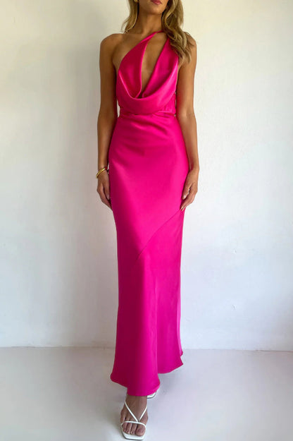 Solid Color Halter Neck Tie Backless Slim Fit Drape Maxi Dress
