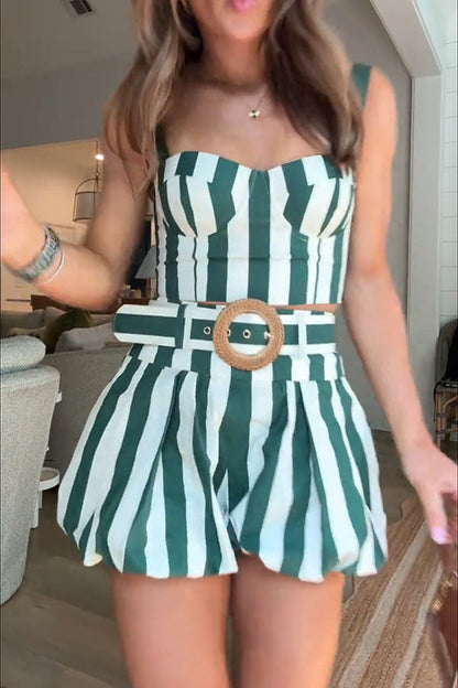 Claudine Striped Heart-shaped Smocked Tank and Raffia Buckle Belted Pocket Bubble Shorts Set